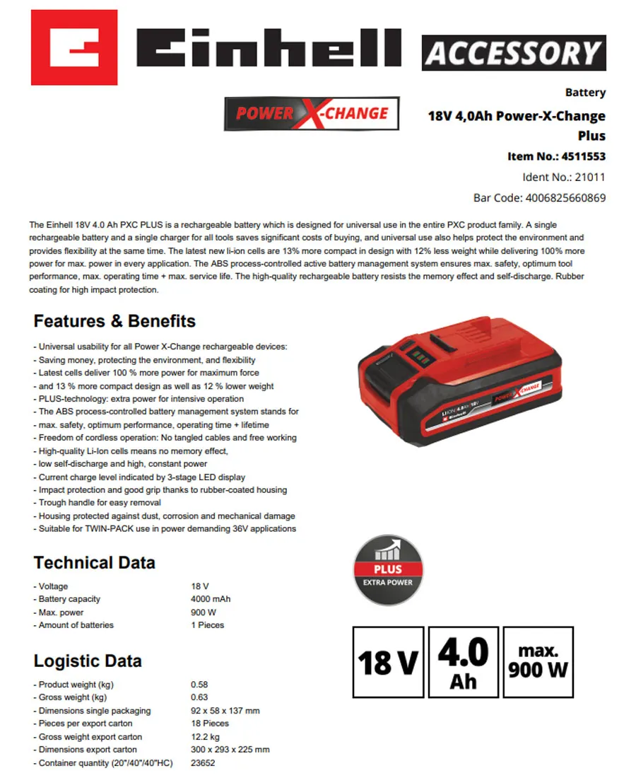 Einhell Batterie Power-X-CHANGE 18 V 4.0Ah