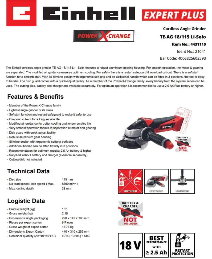 Einhell TE-AG 18/115 Li Kit Power X-Change Battery Angle Grinder (18 V, 115  mm Disc Diameter, 28 mm Cutting Depth, Incl. 3.0 Ah Battery and Charger),  Red 